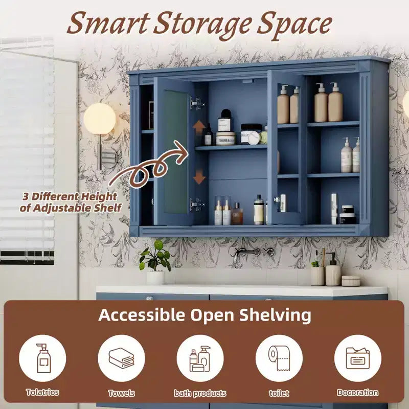 47 Inch Bathroom Wall Cabinet, Wall Mounted Medicine Cabinet with Mirror & Open Shelves, Over Toilet Floating Storage Cabinet for Bathroom