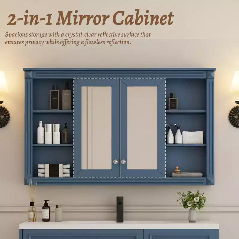 47 Inch Bathroom Wall Cabinet, Wall Mounted Medicine Cabinet with Mirror & Open Shelves, Over Toilet Floating Storage Cabinet for Bathroom