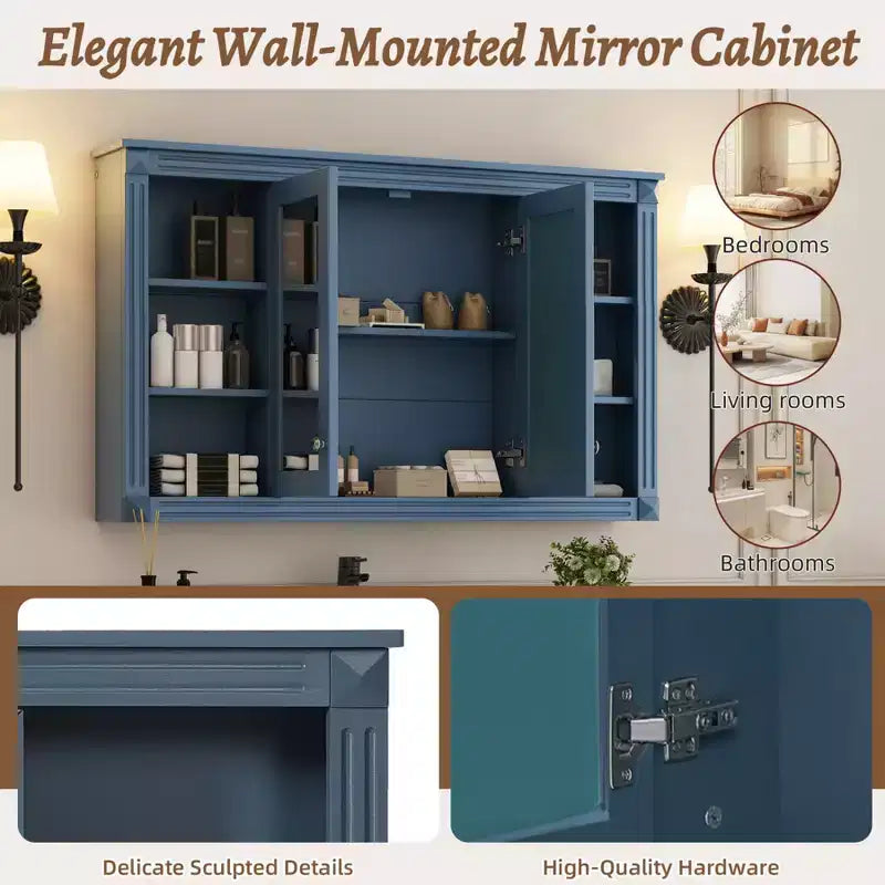 47 Inch Bathroom Wall Cabinet, Wall Mounted Medicine Cabinet with Mirror & Open Shelves, Over Toilet Floating Storage Cabinet for Bathroom