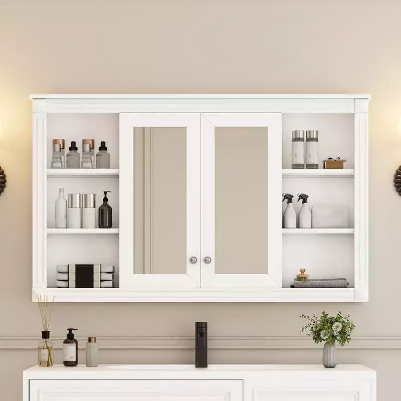 47 Inch Bathroom Wall Cabinet, Wall Mounted Medicine Cabinet with Mirror & Open Shelves, Over Toilet Floating Storage Cabinet for Bathroom