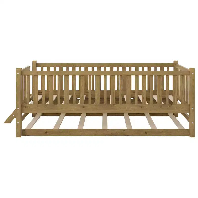 Twin Size Bed Frame with Trundle & Guardrail, Low Profile Platform Bed with Stairs for Boys and Girls