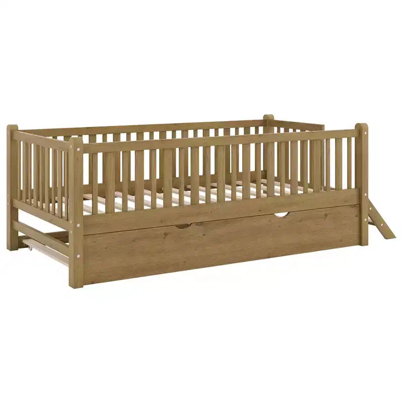 Twin Size Bed Frame with Trundle & Guardrail, Low Profile Platform Bed with Stairs for Boys and Girls