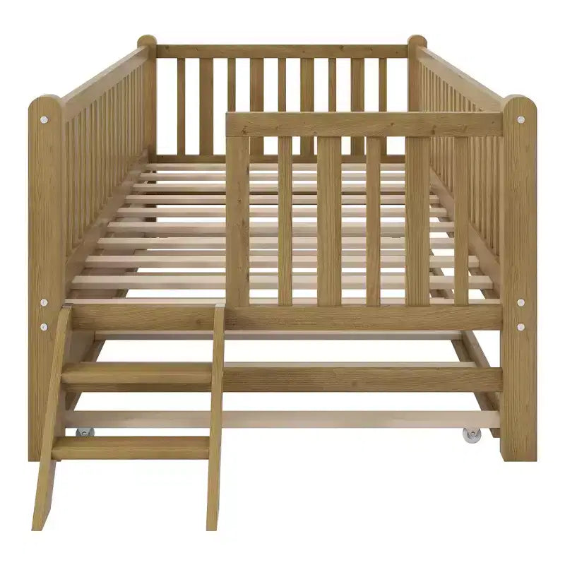 Twin Size Bed Frame with Trundle & Guardrail, Low Profile Platform Bed with Stairs for Boys and Girls