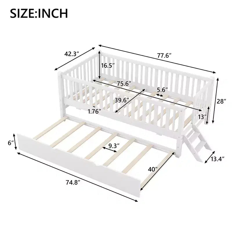 Twin Size Bed Frame with Trundle & Guardrail, Low Profile Platform Bed with Stairs for Boys and Girls