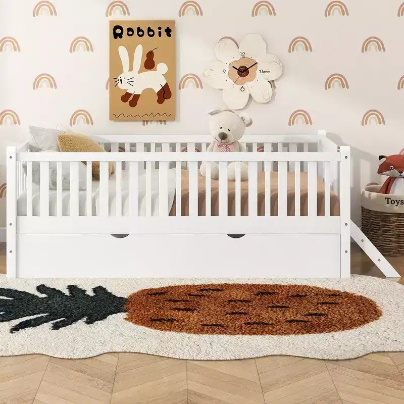 Twin Size Bed Frame with Trundle & Guardrail, Low Profile Platform Bed with Stairs for Boys and Girls