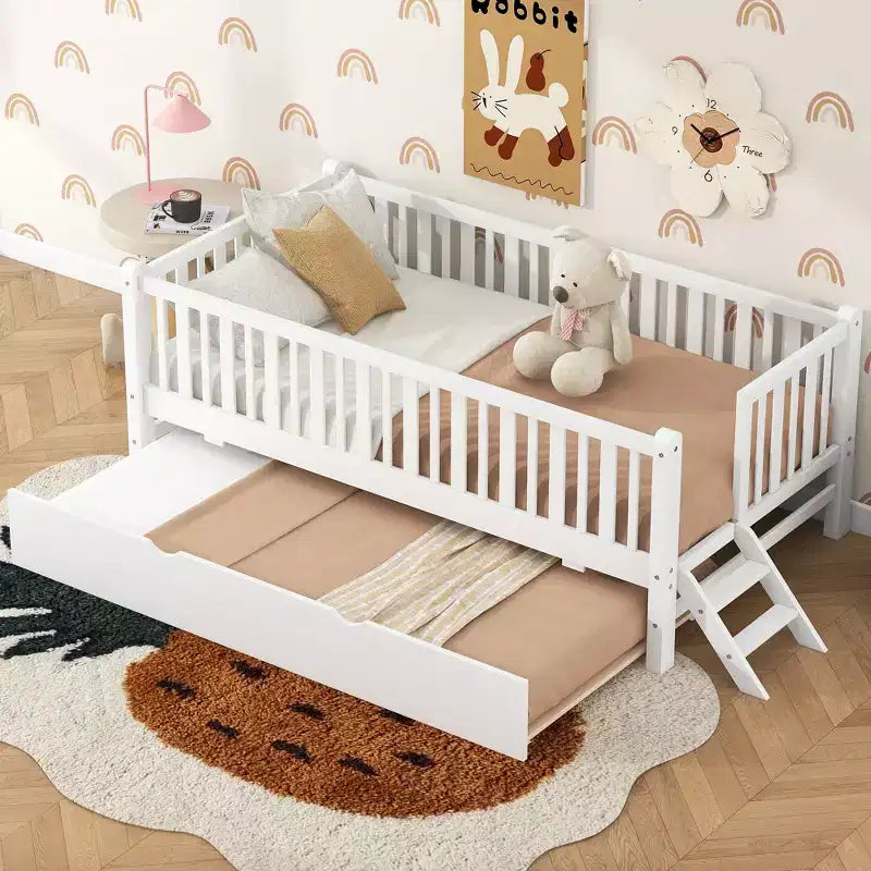 Twin Size Bed Frame with Trundle & Guardrail, Low Profile Platform Bed with Stairs for Boys and Girls