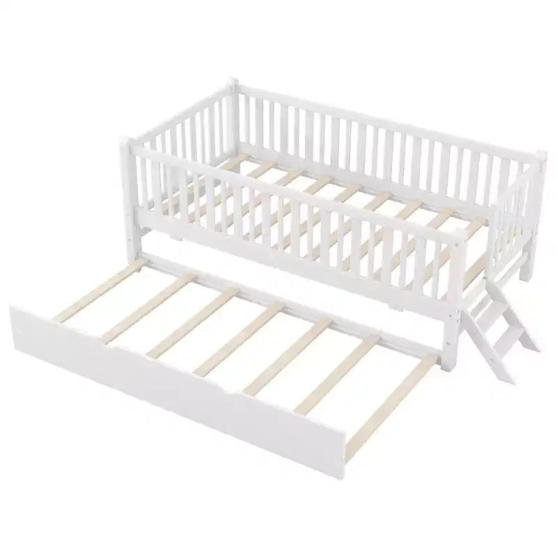 Twin Size Bed Frame with Trundle & Guardrail, Low Profile Platform Bed with Stairs for Boys and Girls