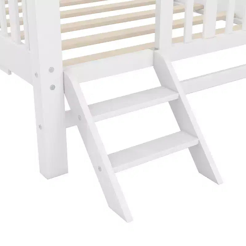 Twin Size Bed Frame with Trundle & Guardrail, Low Profile Platform Bed with Stairs for Boys and Girls