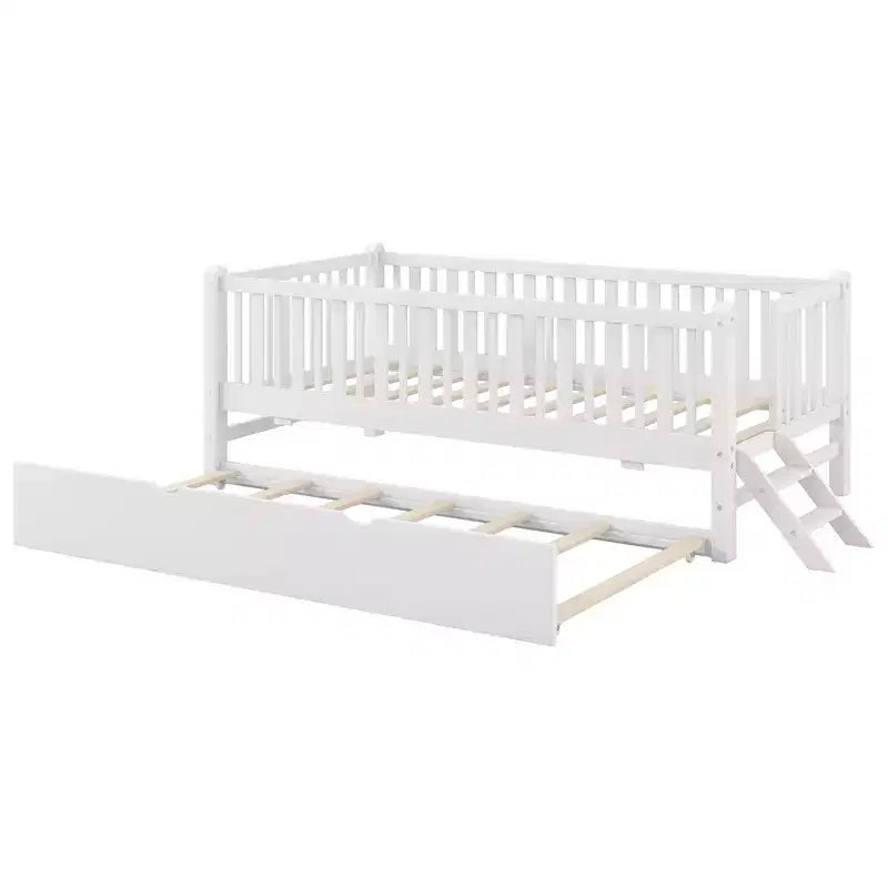 Twin Size Bed Frame with Trundle & Guardrail, Low Profile Platform Bed with Stairs for Boys and Girls