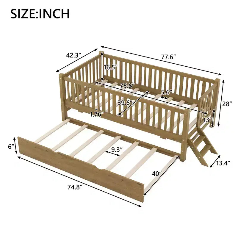 Twin Size Bed Frame with Trundle & Guardrail, Low Profile Platform Bed with Stairs for Boys and Girls