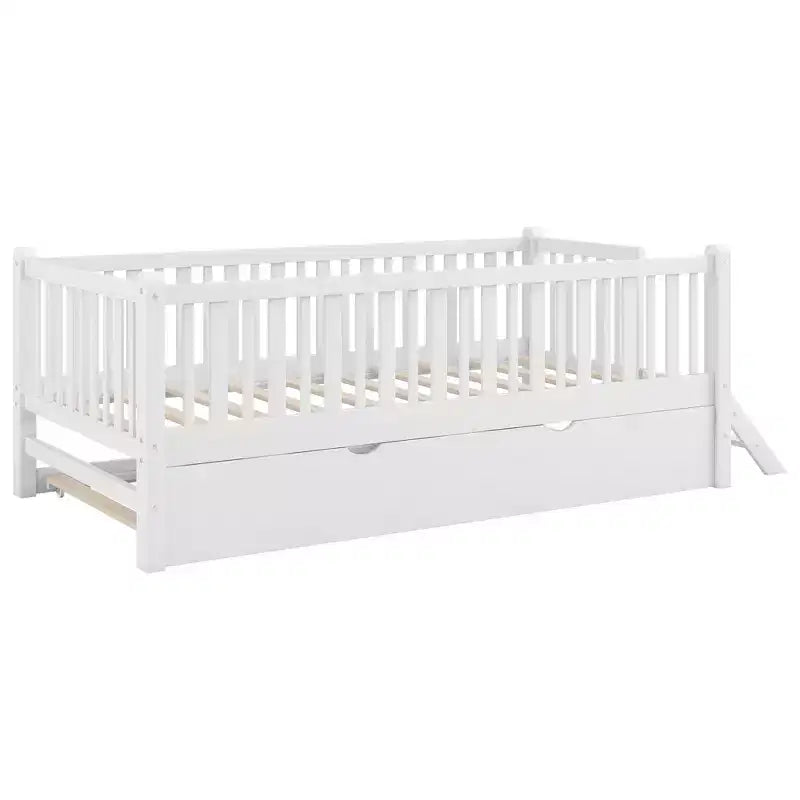 Twin Size Bed Frame with Trundle & Guardrail, Low Profile Platform Bed with Stairs for Boys and Girls