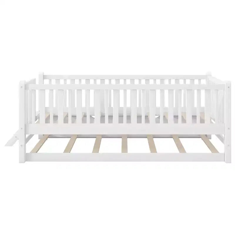 Twin Size Bed Frame with Trundle & Guardrail, Low Profile Platform Bed with Stairs for Boys and Girls