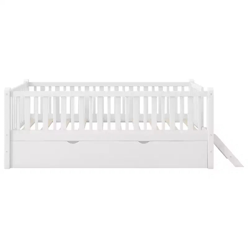 Twin Size Bed Frame with Trundle & Guardrail, Low Profile Platform Bed with Stairs for Boys and Girls