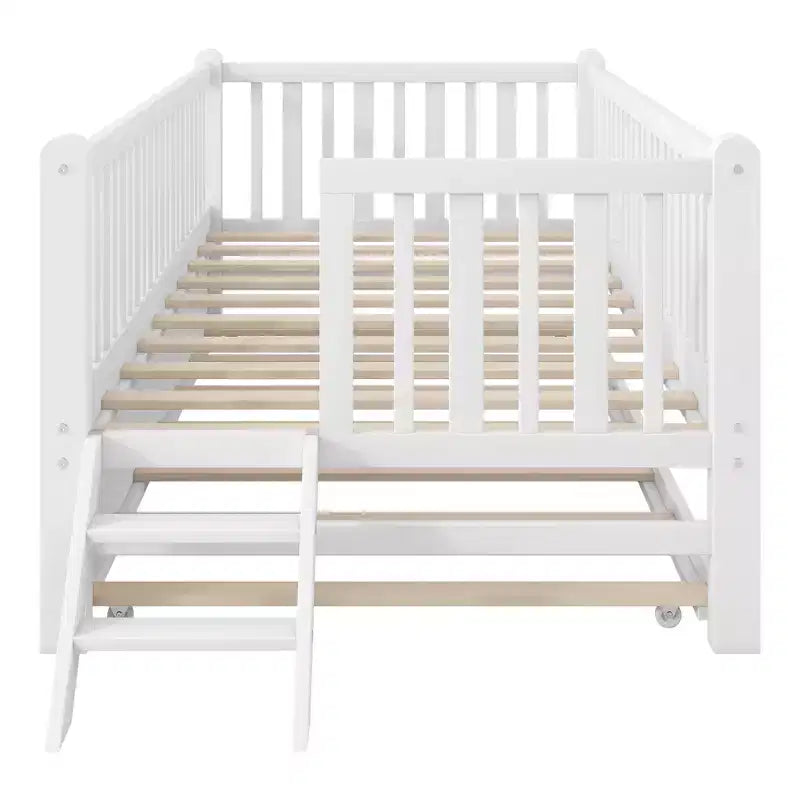 Twin Size Bed Frame with Trundle & Guardrail, Low Profile Platform Bed with Stairs for Boys and Girls