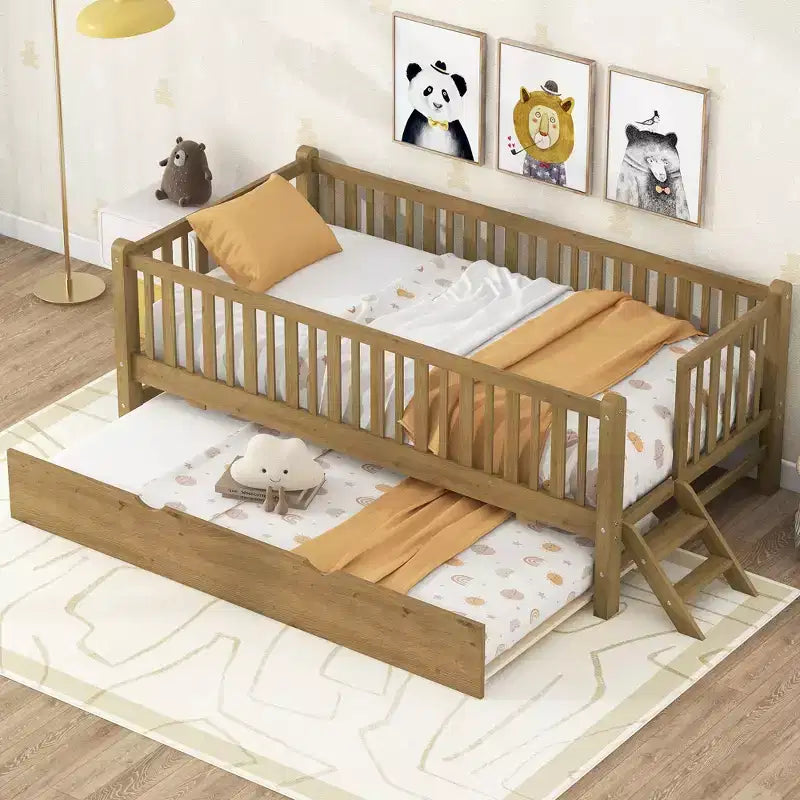 Twin Size Bed Frame with Trundle & Guardrail, Low Profile Platform Bed with Stairs for Boys and Girls