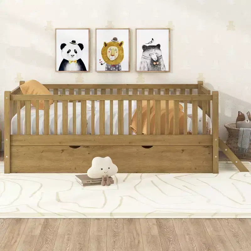 Twin Size Bed Frame with Trundle & Guardrail, Low Profile Platform Bed with Stairs for Boys and Girls