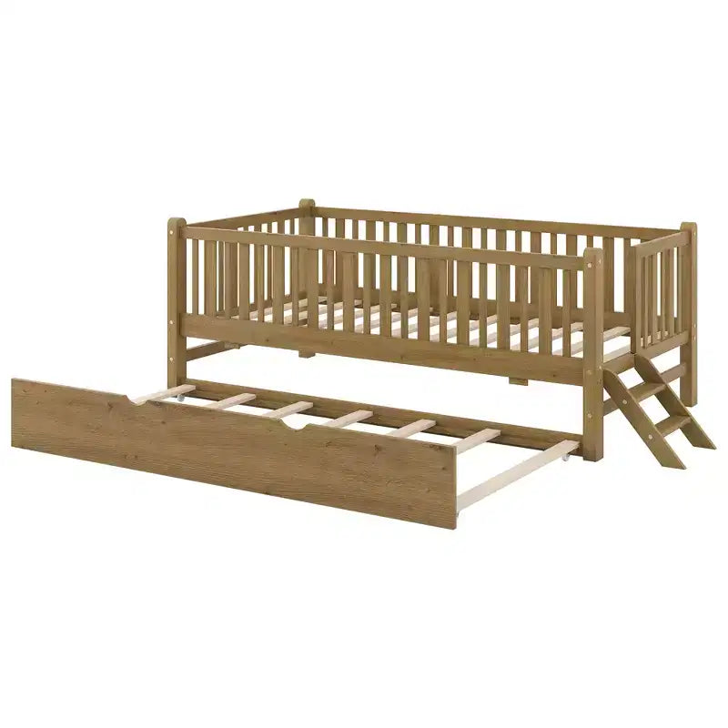 Twin Size Bed Frame with Trundle & Guardrail, Low Profile Platform Bed with Stairs for Boys and Girls