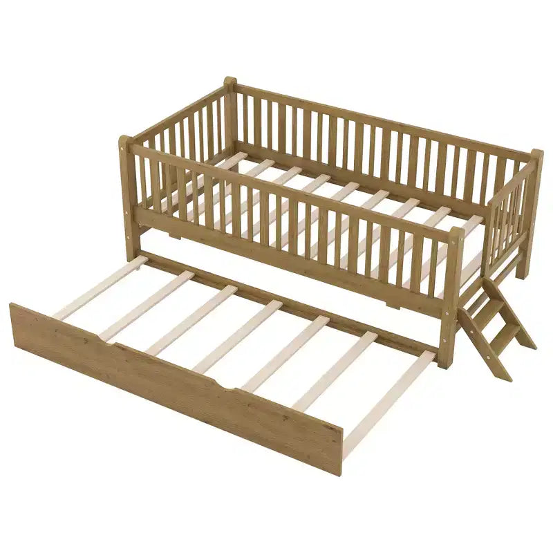 Twin Size Bed Frame with Trundle & Guardrail, Low Profile Platform Bed with Stairs for Boys and Girls