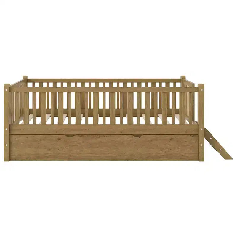 Twin Size Bed Frame with Trundle & Guardrail, Low Profile Platform Bed with Stairs for Boys and Girls