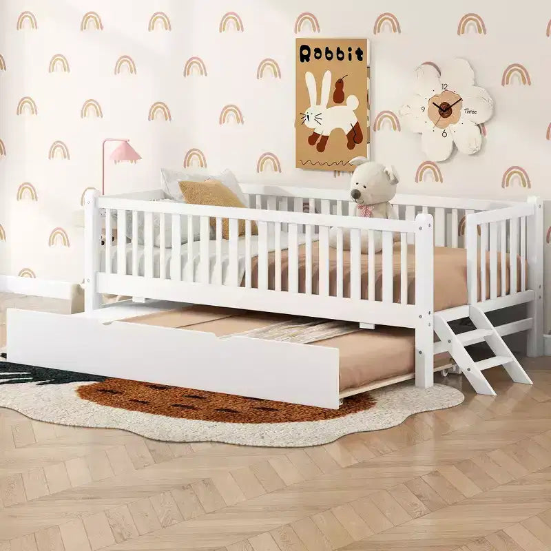 Twin Size Bed Frame with Trundle & Guardrail, Low Profile Platform Bed with Stairs for Boys and Girls