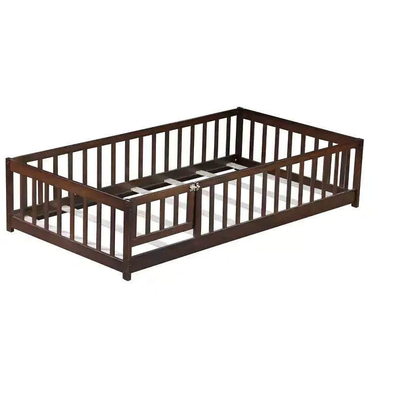 Twin Floor Bed with Fence & Door, Low Profile Montessori Kids Bed Frame, Solid Rubber Wood, Safety Guardrails, Easy Assembly