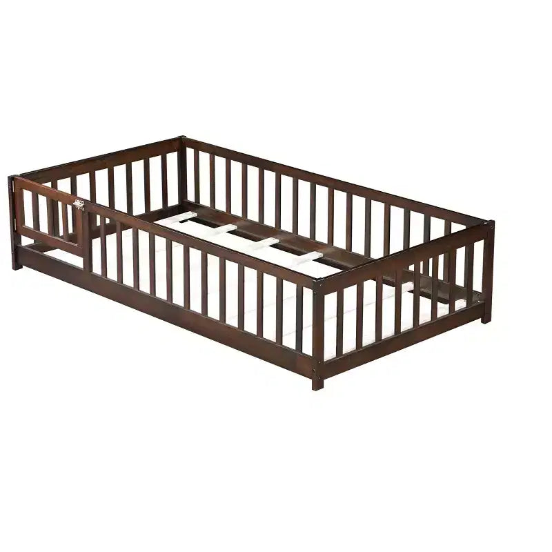 Twin Floor Bed with Fence & Door, Low Profile Montessori Kids Bed Frame, Solid Rubber Wood, Safety Guardrails, Easy Assembly