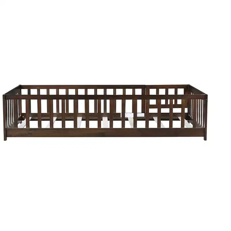 Twin Floor Bed with Fence & Door, Low Profile Montessori Kids Bed Frame, Solid Rubber Wood, Safety Guardrails, Easy Assembly