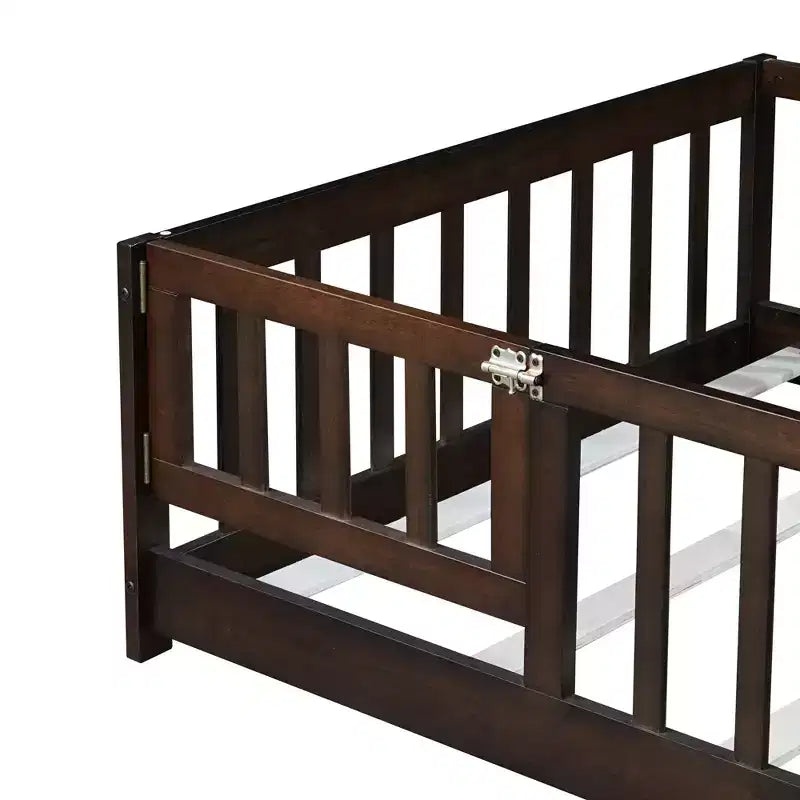 Twin Floor Bed with Fence & Door, Low Profile Montessori Kids Bed Frame, Solid Rubber Wood, Safety Guardrails, Easy Assembly