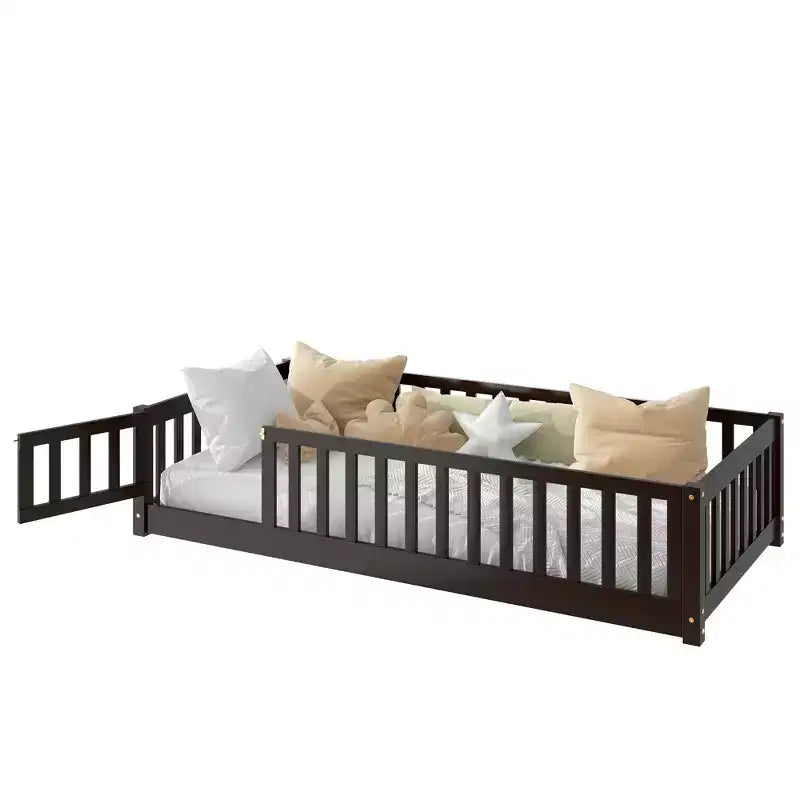 Twin Floor Bed with Fence & Door, Low Profile Montessori Kids Bed Frame, Solid Rubber Wood, Safety Guardrails, Easy Assembly