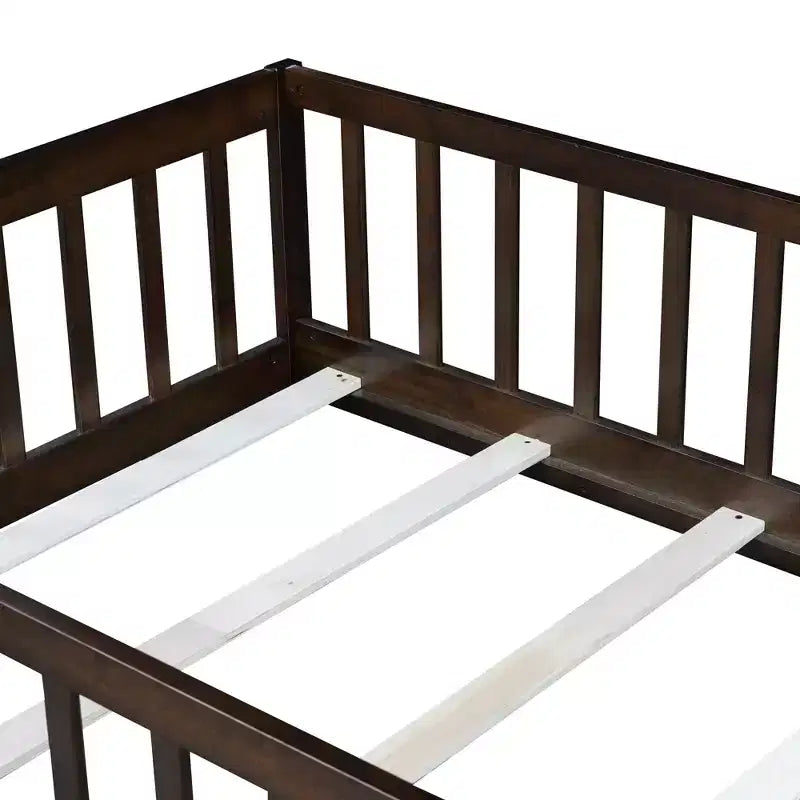 Twin Floor Bed with Fence & Door, Low Profile Montessori Kids Bed Frame, Solid Rubber Wood, Safety Guardrails, Easy Assembly