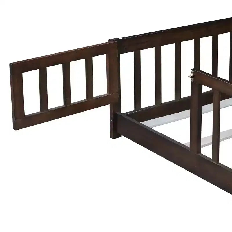 Twin Floor Bed with Fence & Door, Low Profile Montessori Kids Bed Frame, Solid Rubber Wood, Safety Guardrails, Easy Assembly