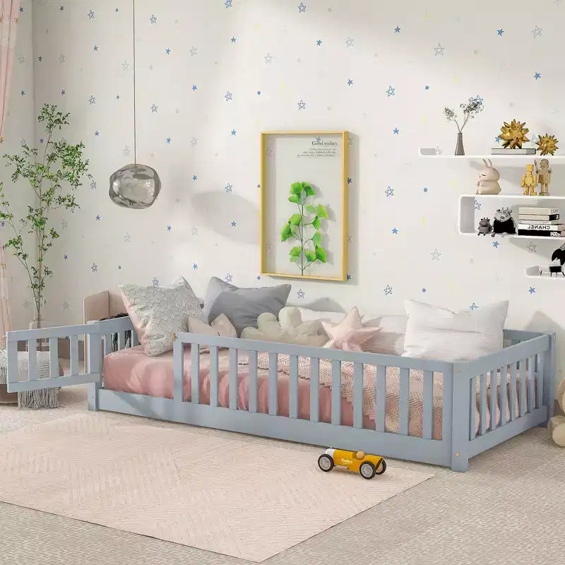 Twin Floor Bed with Fence & Door, Low Profile Montessori Kids Bed Frame, Solid Rubber Wood, Safety Guardrails, Easy Assembly