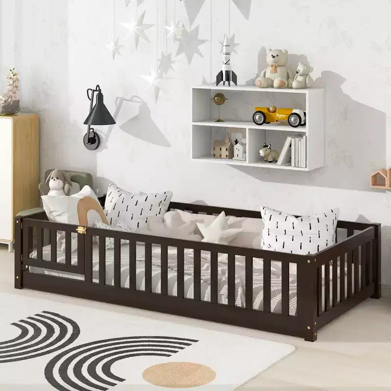 Twin Floor Bed with Fence & Door, Low Profile Montessori Kids Bed Frame, Solid Rubber Wood, Safety Guardrails, Easy Assembly