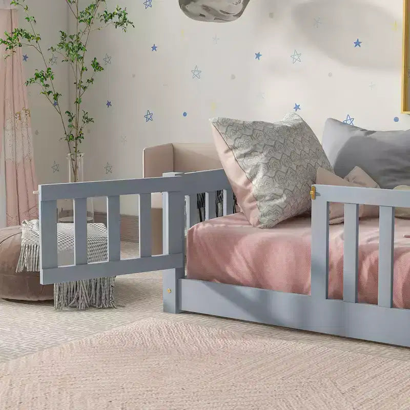 Twin Floor Bed with Fence & Door, Low Profile Montessori Kids Bed Frame, Solid Rubber Wood, Safety Guardrails, Easy Assembly