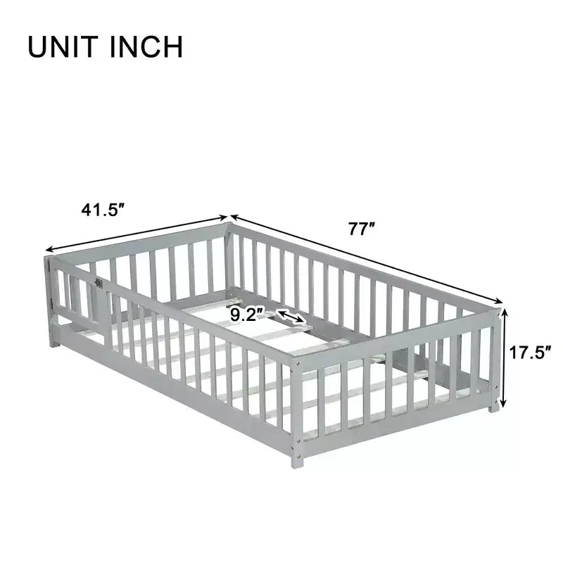 Twin Floor Bed with Fence & Door, Low Profile Montessori Kids Bed Frame, Solid Rubber Wood, Safety Guardrails, Easy Assembly