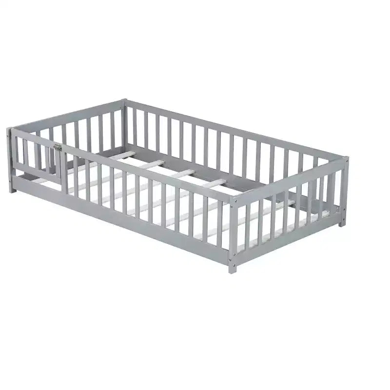 Twin Floor Bed with Fence & Door, Low Profile Montessori Kids Bed Frame, Solid Rubber Wood, Safety Guardrails, Easy Assembly