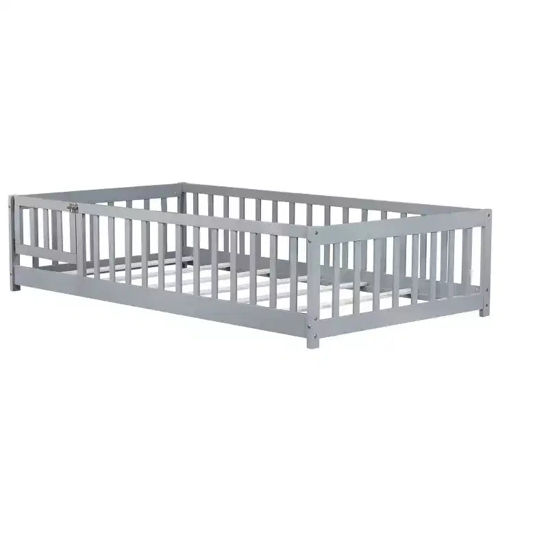 Twin Floor Bed with Fence & Door, Low Profile Montessori Kids Bed Frame, Solid Rubber Wood, Safety Guardrails, Easy Assembly