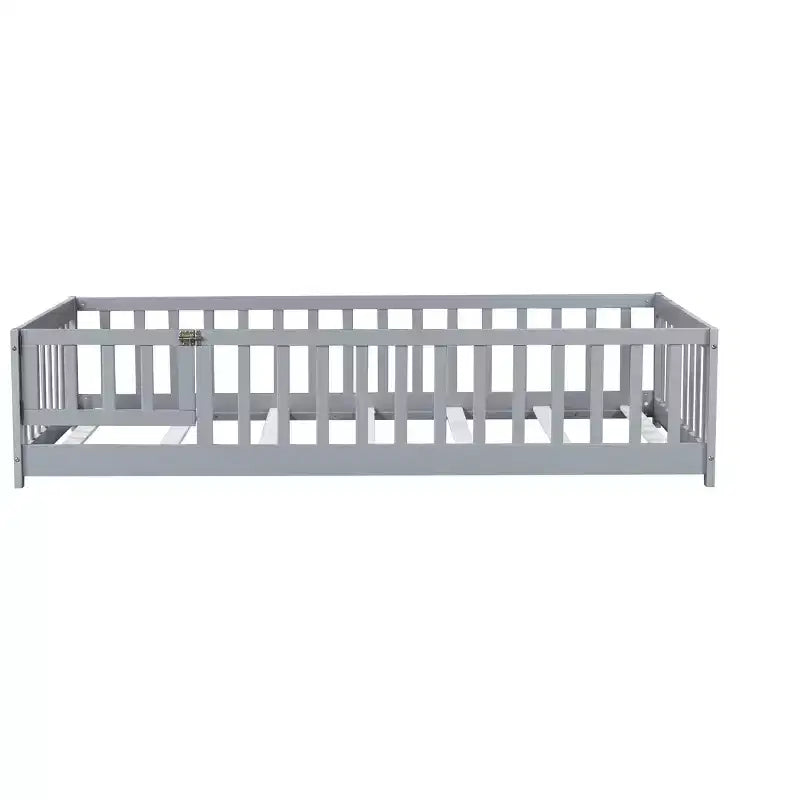 Twin Floor Bed with Fence & Door, Low Profile Montessori Kids Bed Frame, Solid Rubber Wood, Safety Guardrails, Easy Assembly