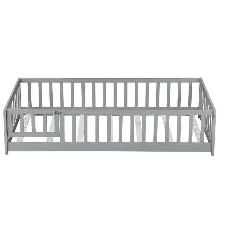Twin Floor Bed with Fence & Door, Low Profile Montessori Kids Bed Frame, Solid Rubber Wood, Safety Guardrails, Easy Assembly