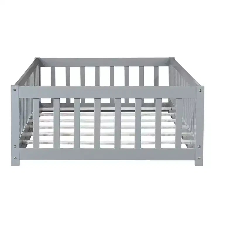 Twin Floor Bed with Fence & Door, Low Profile Montessori Kids Bed Frame, Solid Rubber Wood, Safety Guardrails, Easy Assembly