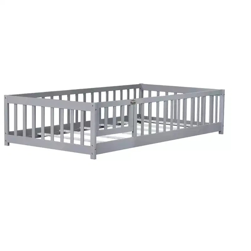 Twin Floor Bed with Fence & Door, Low Profile Montessori Kids Bed Frame, Solid Rubber Wood, Safety Guardrails, Easy Assembly