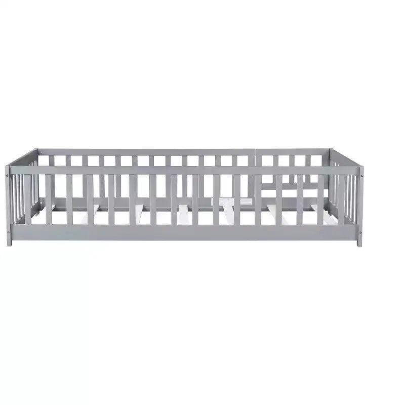 Twin Floor Bed with Fence & Door, Low Profile Montessori Kids Bed Frame, Solid Rubber Wood, Safety Guardrails, Easy Assembly