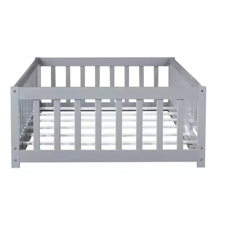 Twin Floor Bed with Fence & Door, Low Profile Montessori Kids Bed Frame, Solid Rubber Wood, Safety Guardrails, Easy Assembly