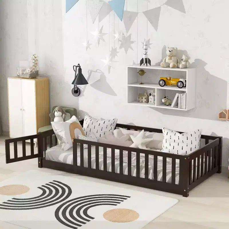 Twin Floor Bed with Fence & Door, Low Profile Montessori Kids Bed Frame, Solid Rubber Wood, Safety Guardrails, Easy Assembly