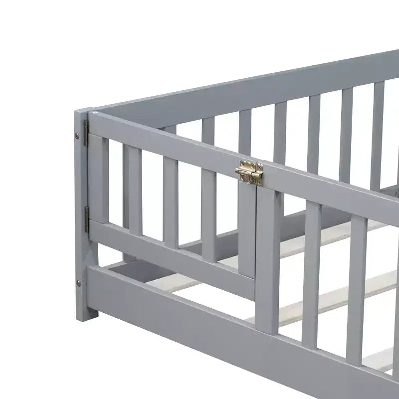 Twin Floor Bed with Fence & Door, Low Profile Montessori Kids Bed Frame, Solid Rubber Wood, Safety Guardrails, Easy Assembly