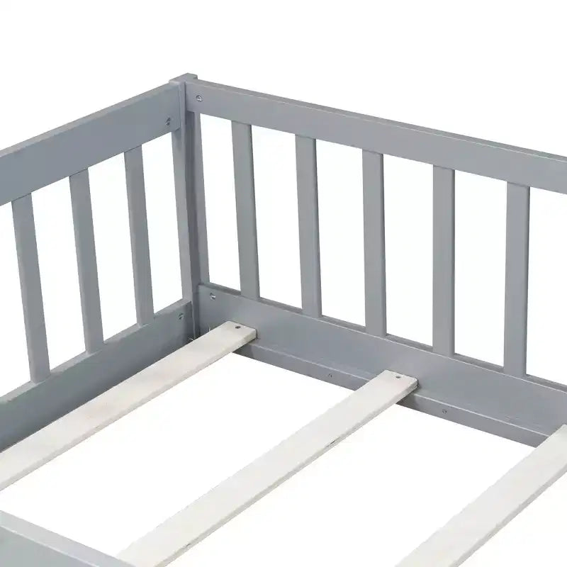 Twin Floor Bed with Fence & Door, Low Profile Montessori Kids Bed Frame, Solid Rubber Wood, Safety Guardrails, Easy Assembly