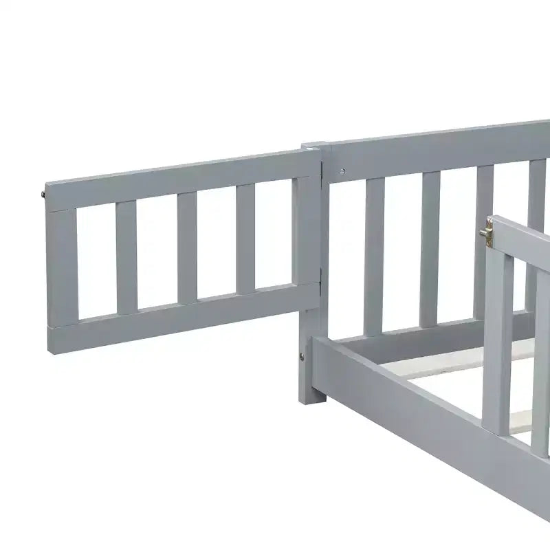 Twin Floor Bed with Fence & Door, Low Profile Montessori Kids Bed Frame, Solid Rubber Wood, Safety Guardrails, Easy Assembly