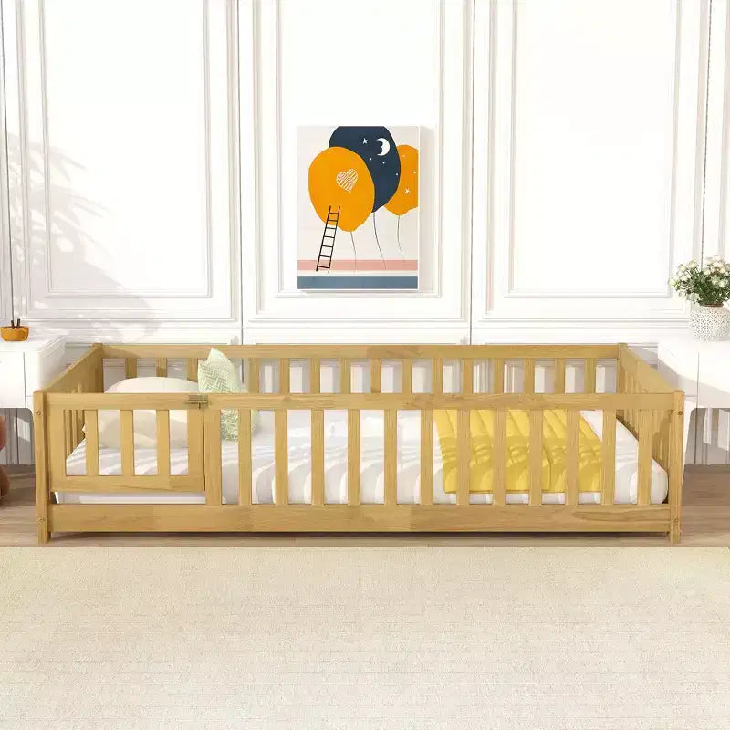 Twin Floor Bed with Fence & Door, Low Profile Montessori Kids Bed Frame, Solid Rubber Wood, Safety Guardrails, Easy Assembly