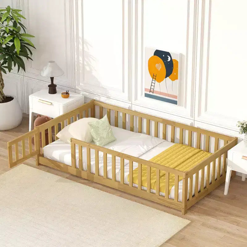 Twin Floor Bed with Fence & Door, Low Profile Montessori Kids Bed Frame, Solid Rubber Wood, Safety Guardrails, Easy Assembly
