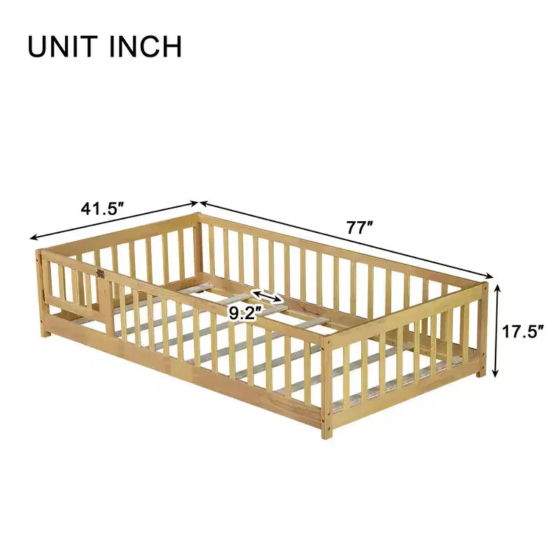 Twin Floor Bed with Fence & Door, Low Profile Montessori Kids Bed Frame, Solid Rubber Wood, Safety Guardrails, Easy Assembly